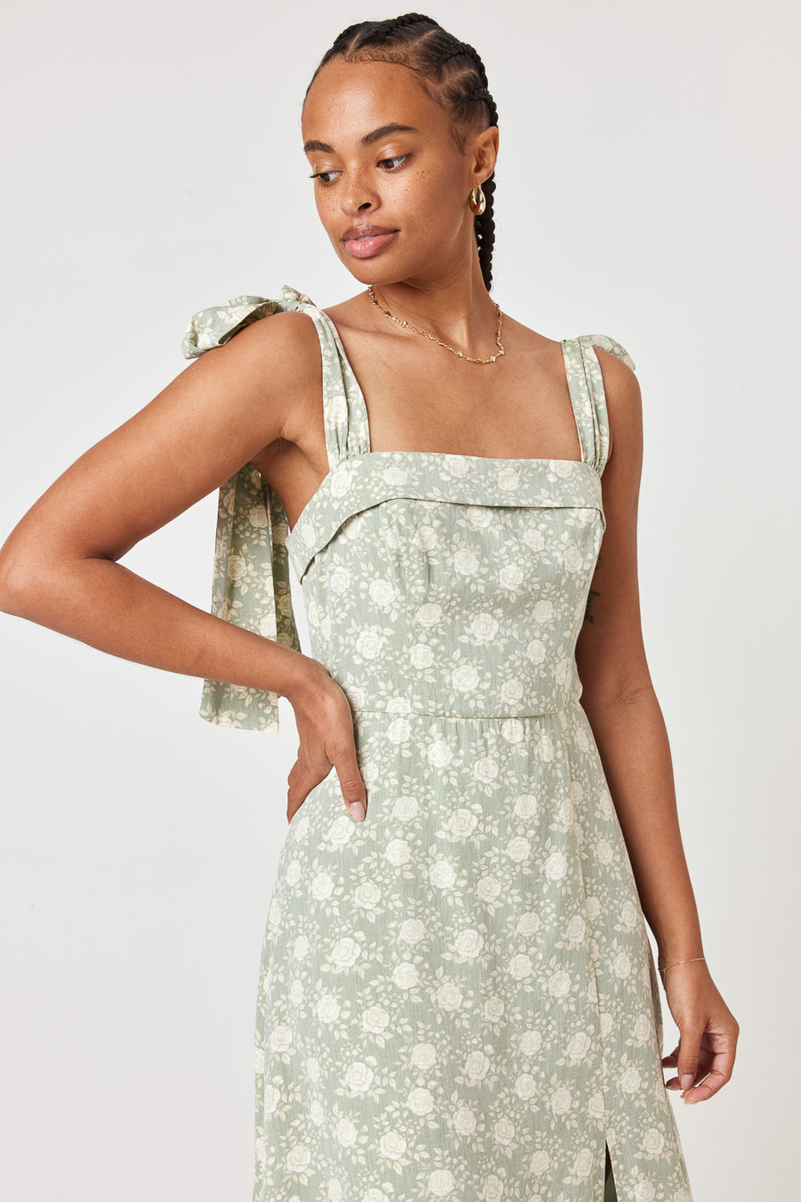 Sage Floral Tie Shoulder Midi Dress – Trixxi Clothing