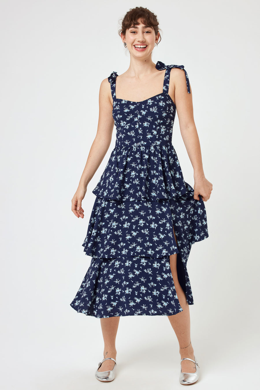 Navy Floral Tie Shoulder Tiered Midi Dress - Trixxi Clothing