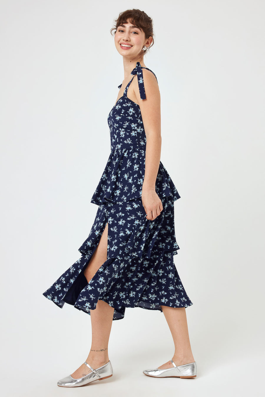 Navy Floral Tie Shoulder Tiered Midi Dress - Trixxi Clothing