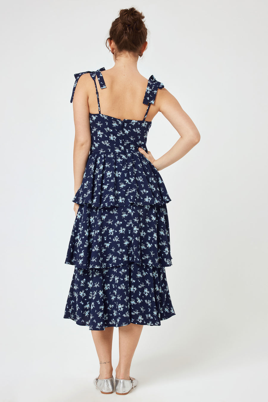 Navy Floral Tie Shoulder Tiered Midi Dress - Trixxi Clothing