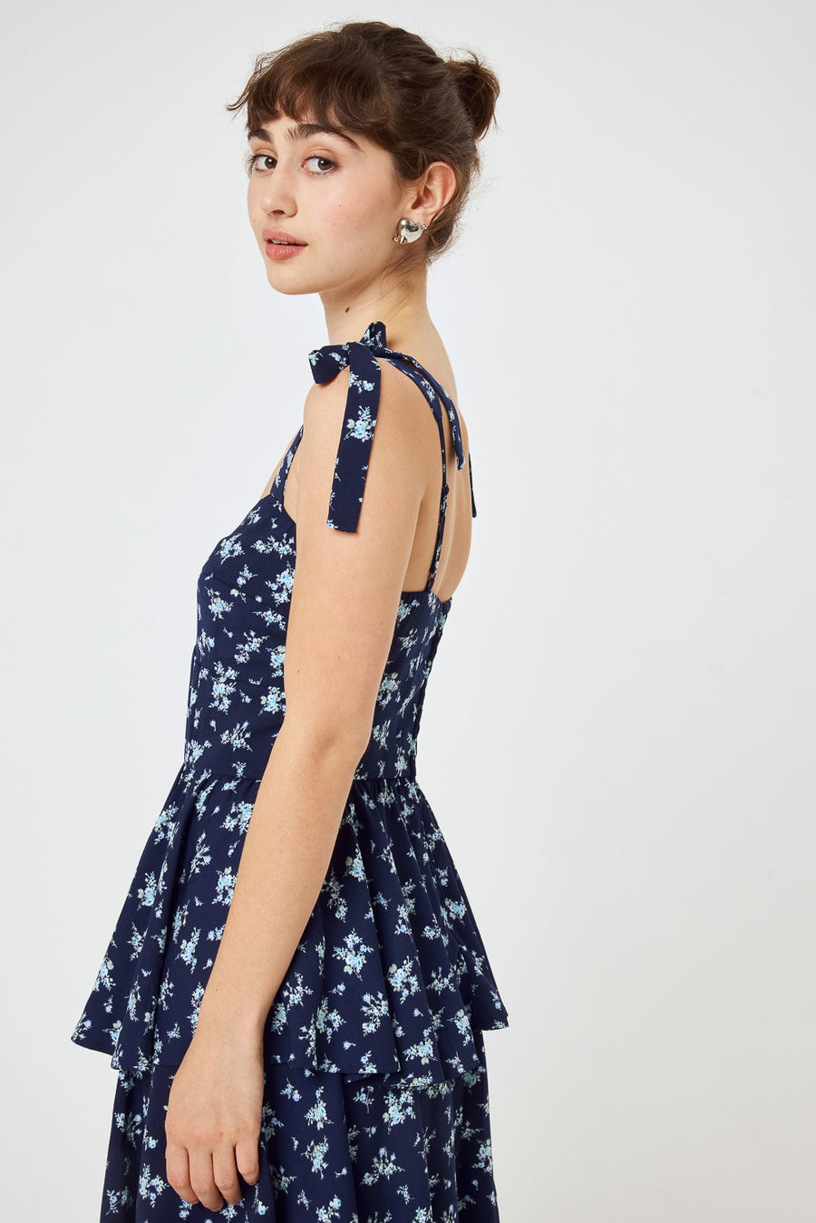 Navy Floral Tie Shoulder Tiered Midi Dress - Trixxi Clothing