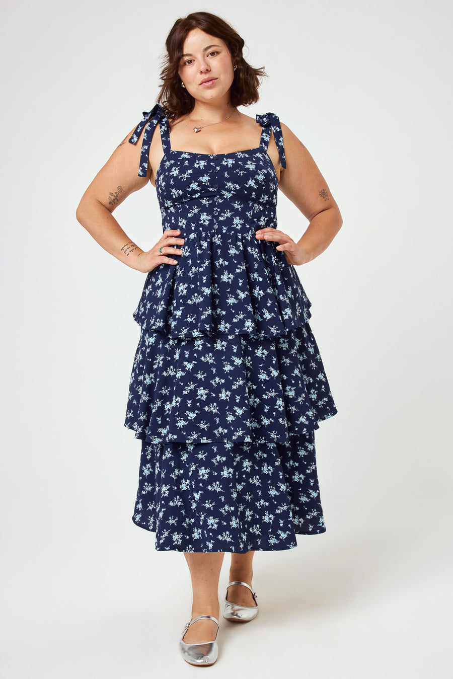 Navy Floral Tie Shoulder Tiered Midi Dress - Trixxi Clothing