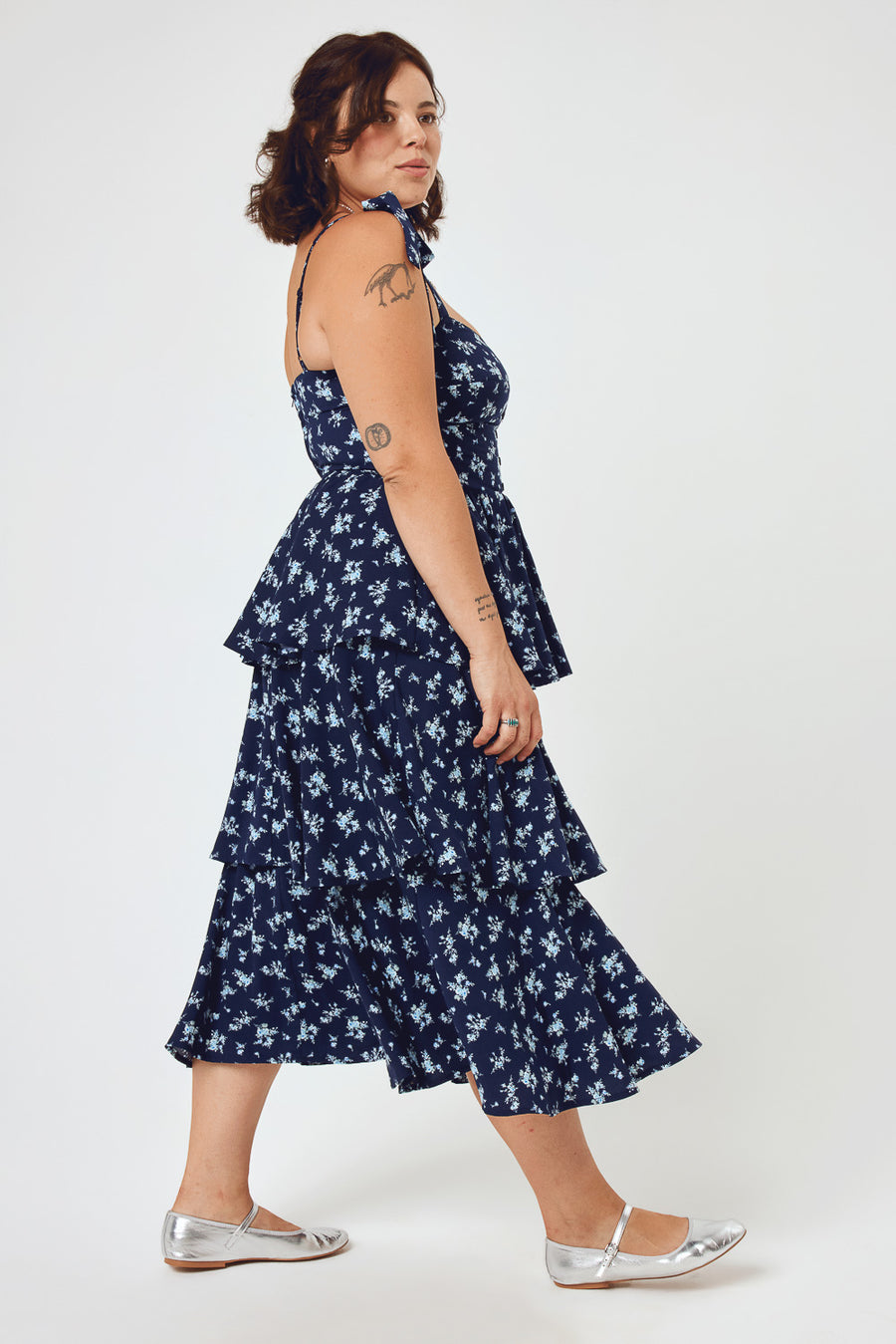 Navy Floral Tie Shoulder Tiered Midi Dress - Trixxi Clothing