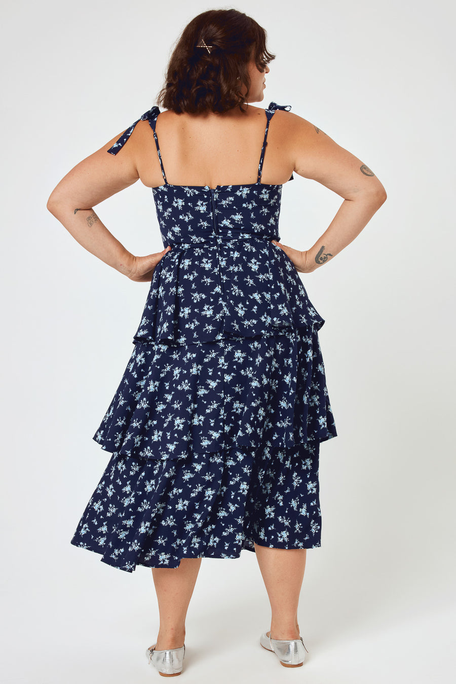 Navy Floral Tie Shoulder Tiered Midi Dress - Trixxi Clothing