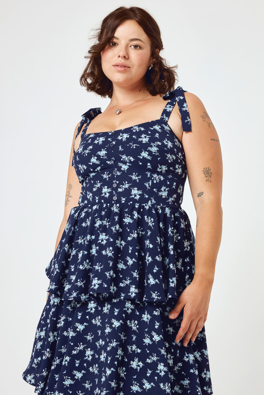 Navy Floral Tie Shoulder Tiered Midi Dress - Trixxi Clothing