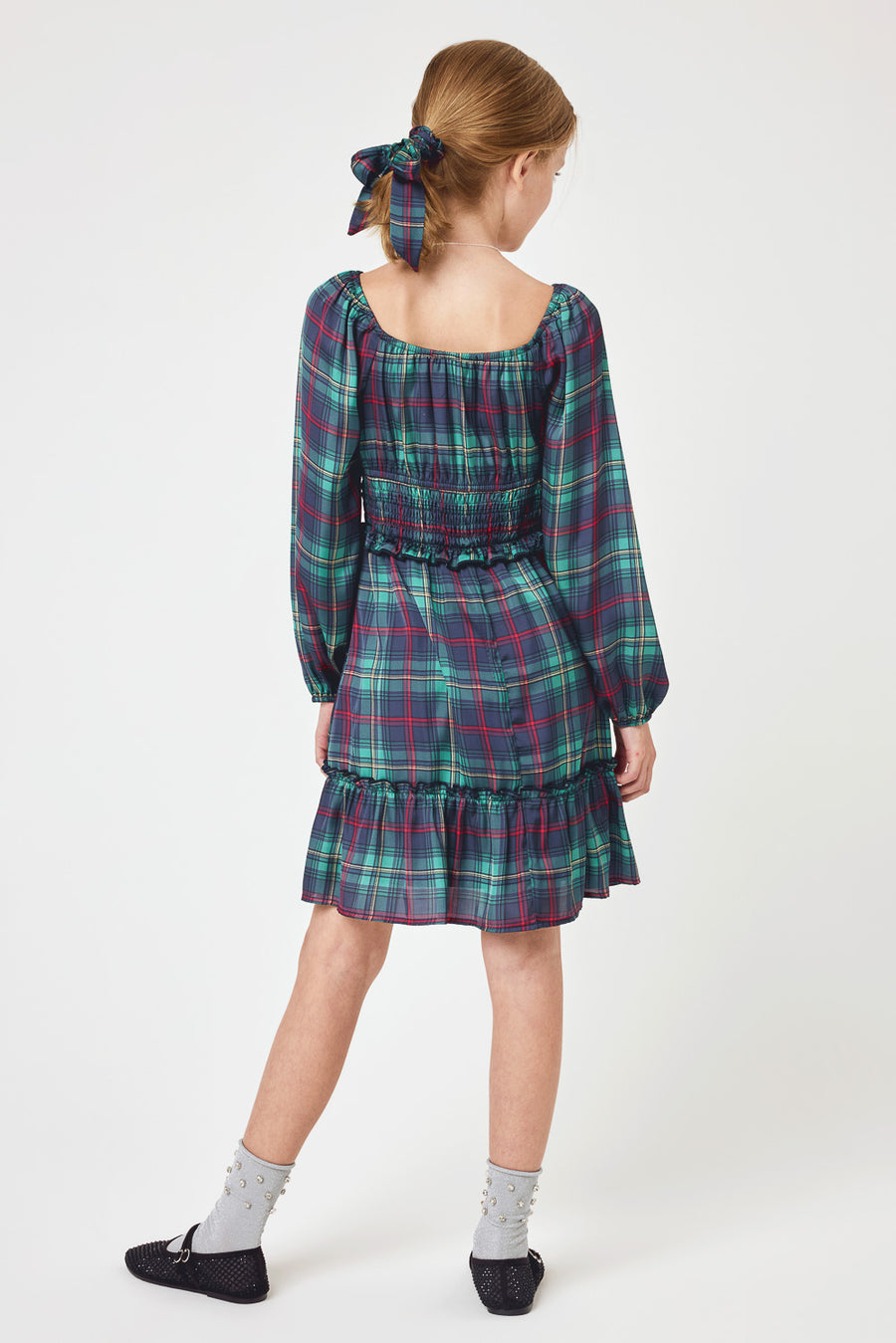 Kids Green Plaid LS Dress w Necklace - Trixxi Clothing