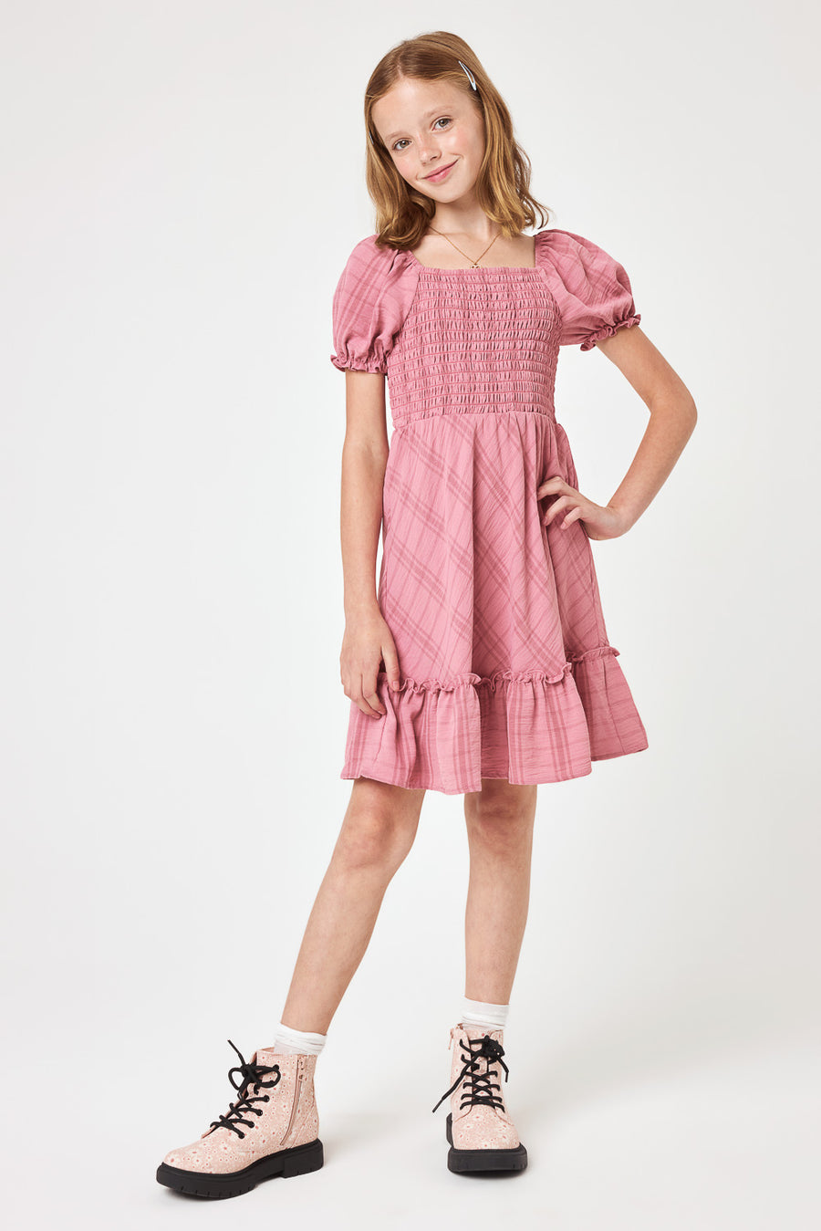 Kids Rose Pink Puff Sleeve Dress - Trixxi Clothing