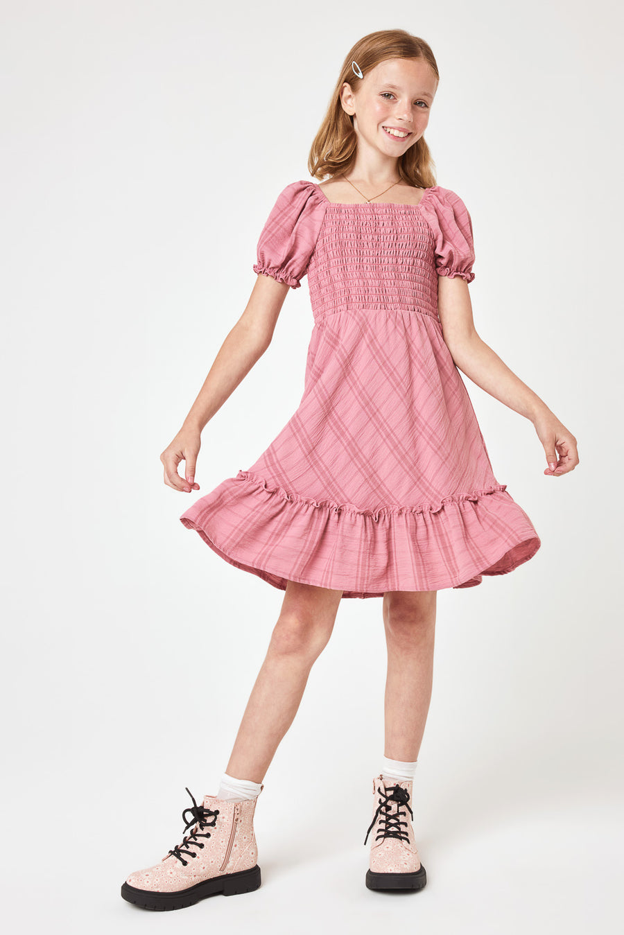 Kids Rose Pink Puff Sleeve Dress - Trixxi Clothing