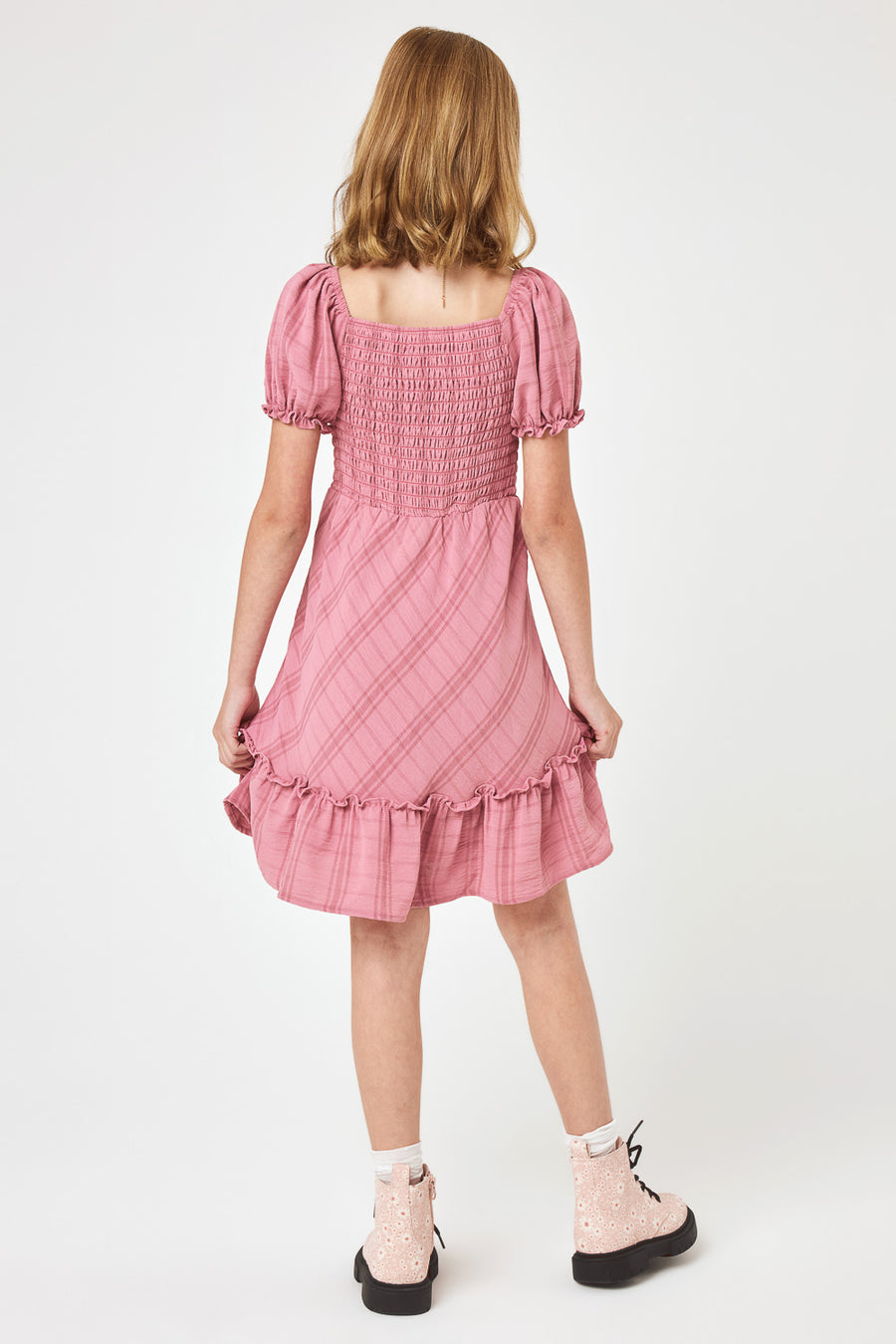 Kids Rose Pink Puff Sleeve Dress - Trixxi Clothing