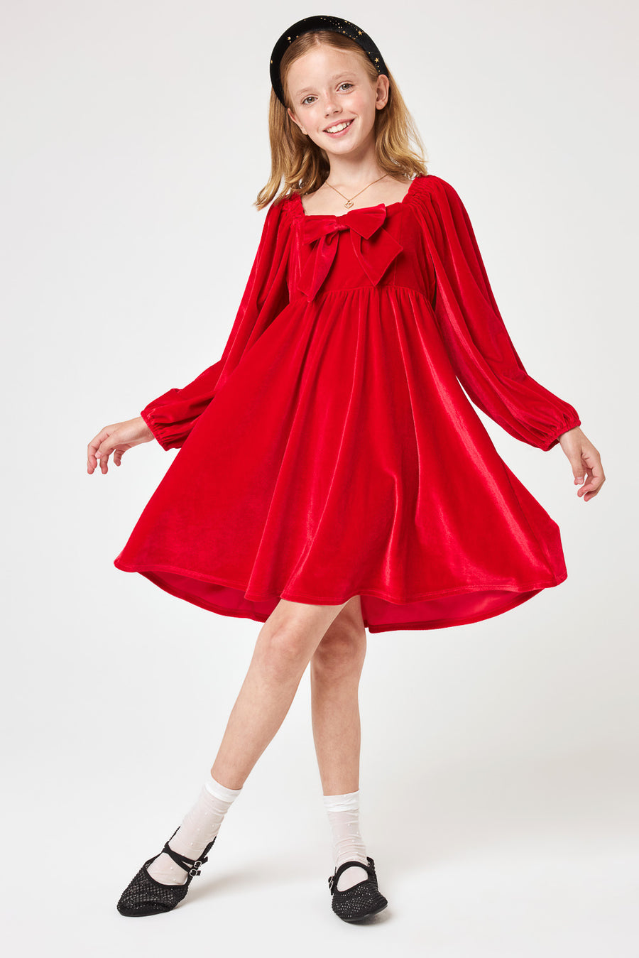 Kids Red Front Bow Velvet Dress - Trixxi Clothing