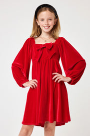 Kids Red Front Bow Velvet Dress - Trixxi Clothing