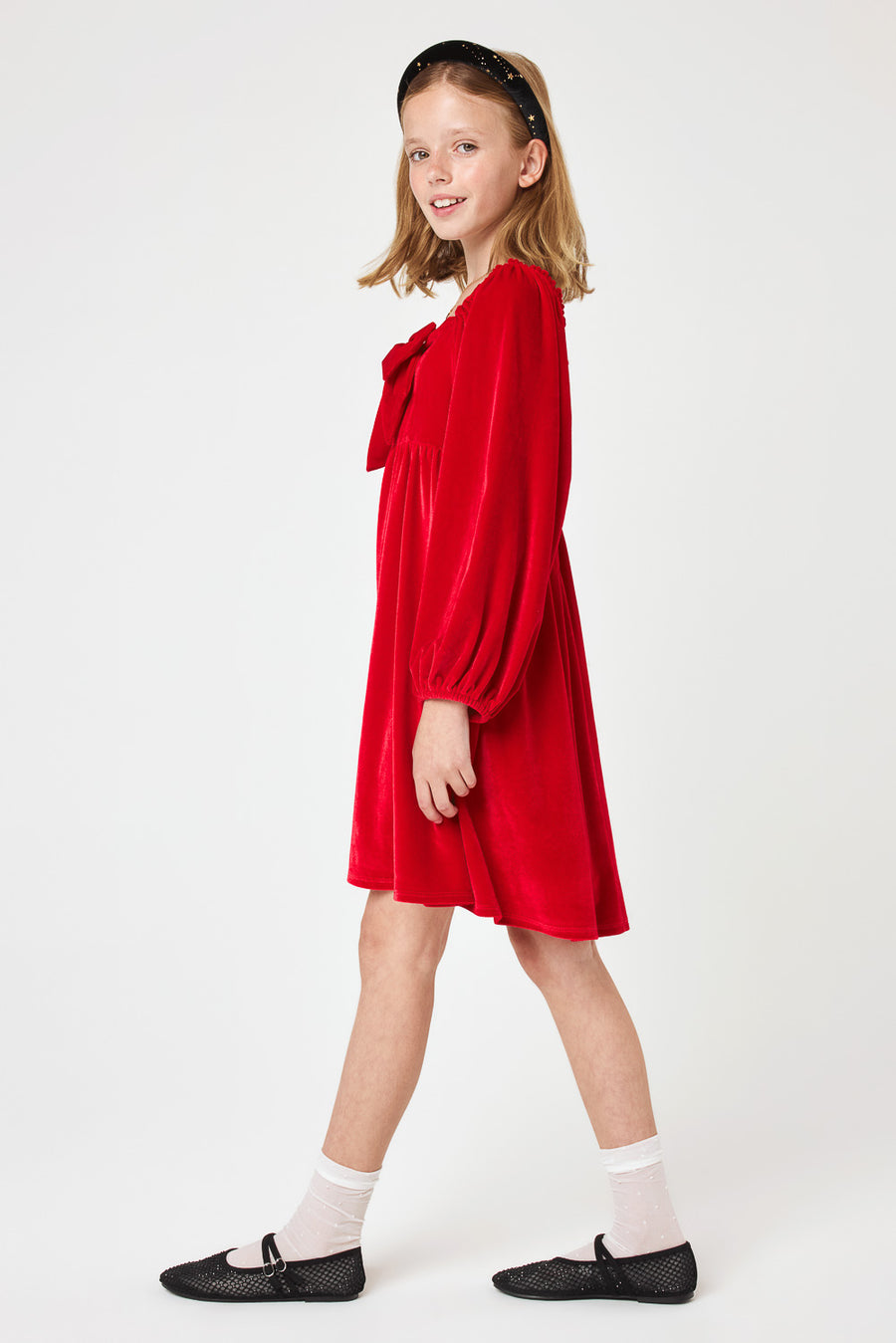 Kids Red Front Bow Velvet Dress - Trixxi Clothing