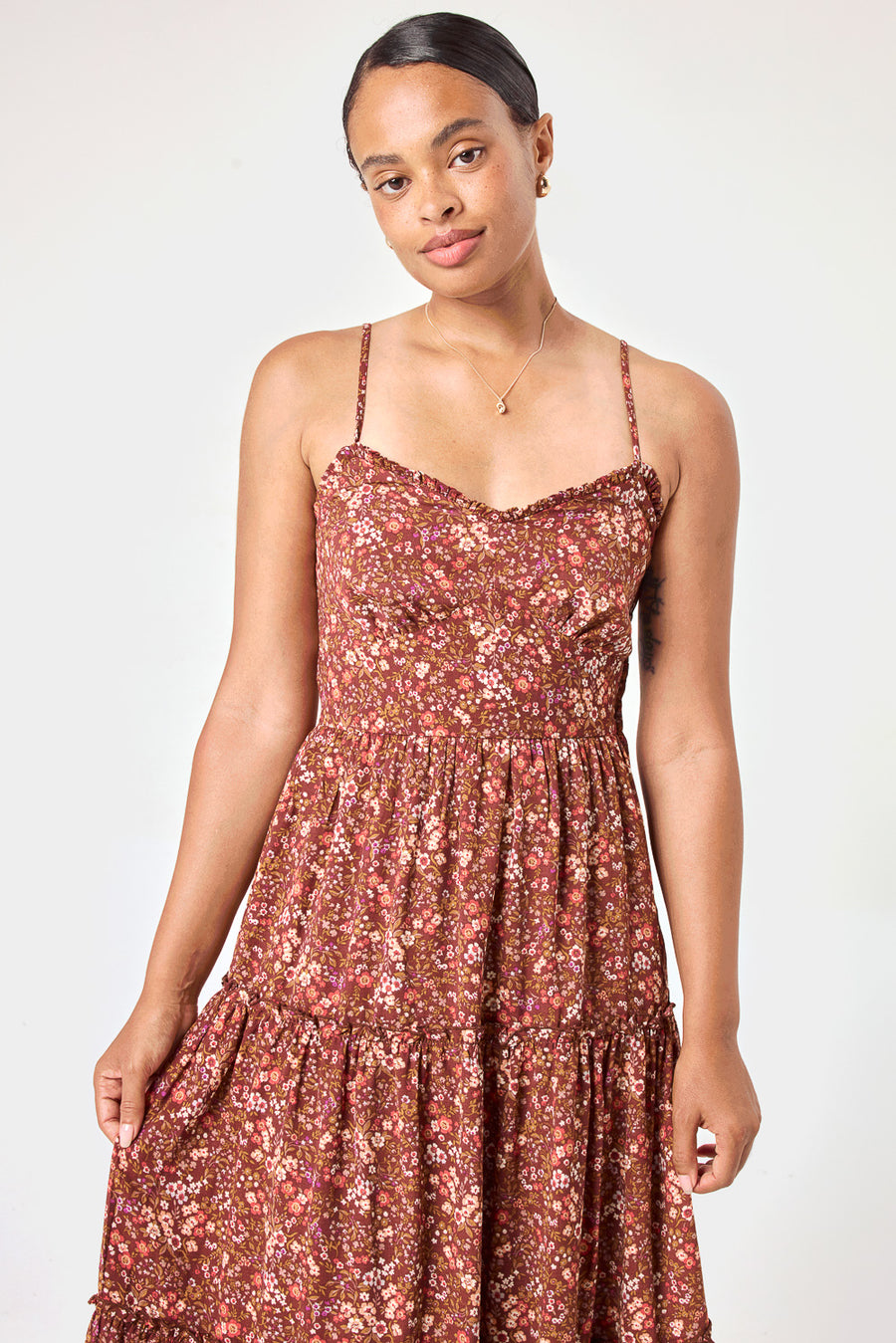 Rust Floral Lace up Back Dress - Trixxi Clothing