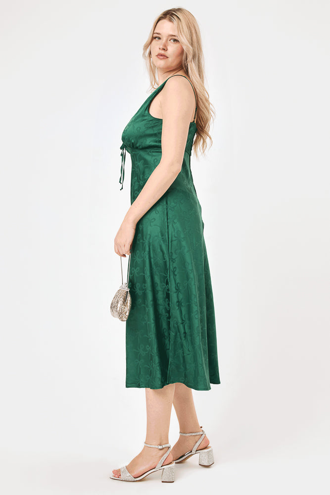 Emerald Satin Bow Jacquard Midi Dress