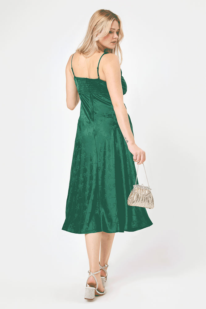 Emerald Satin Bow Jacquard Midi Dress