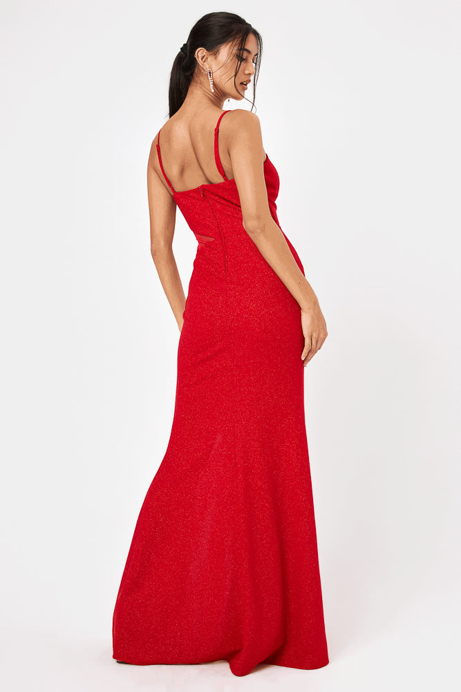 Red Side Cut-Out Glitter Gown