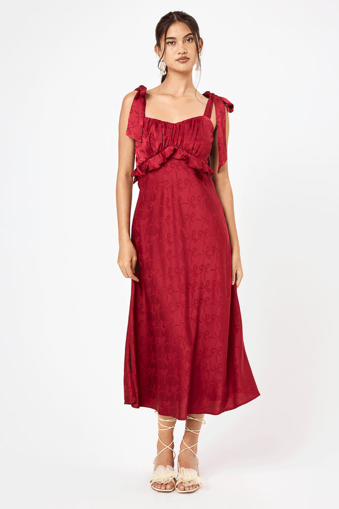 Red Tie Shoulder Ruffle Midi Dress