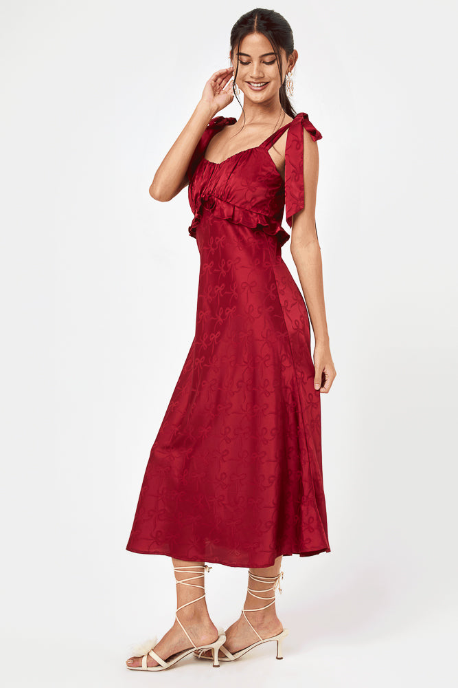 Red Tie Shoulder Ruffle Midi Dress