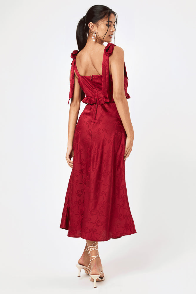 Red Tie Shoulder Ruffle Midi Dress