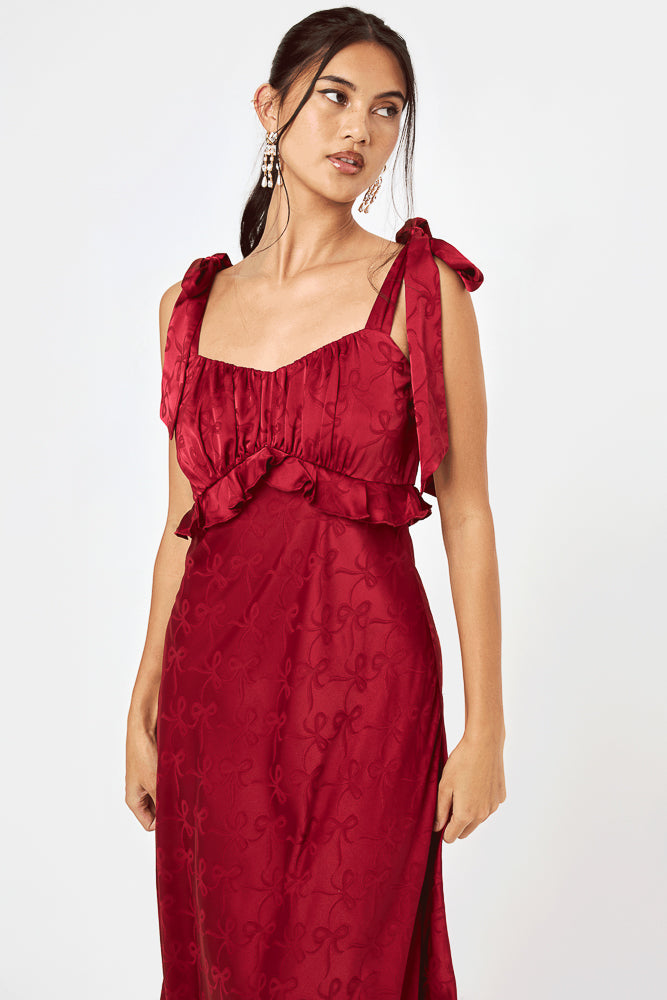 Red Tie Shoulder Ruffle Midi Dress