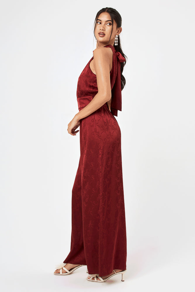 Wine Satin Halter Neck Jumpsuit