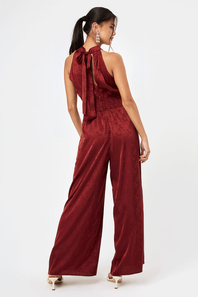 Wine Satin Halter Neck Jumpsuit