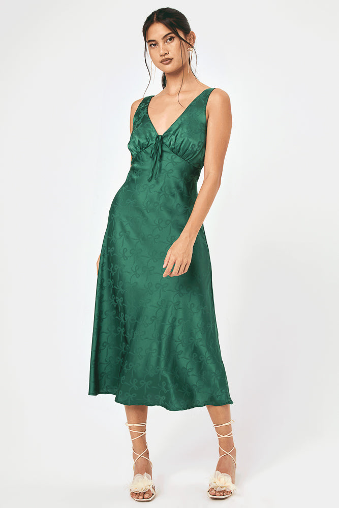 Emerald Satin Bow Jacquard Midi Dress