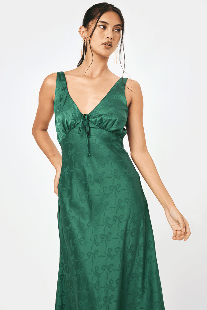 Emerald Satin Bow Jacquard Midi Dress