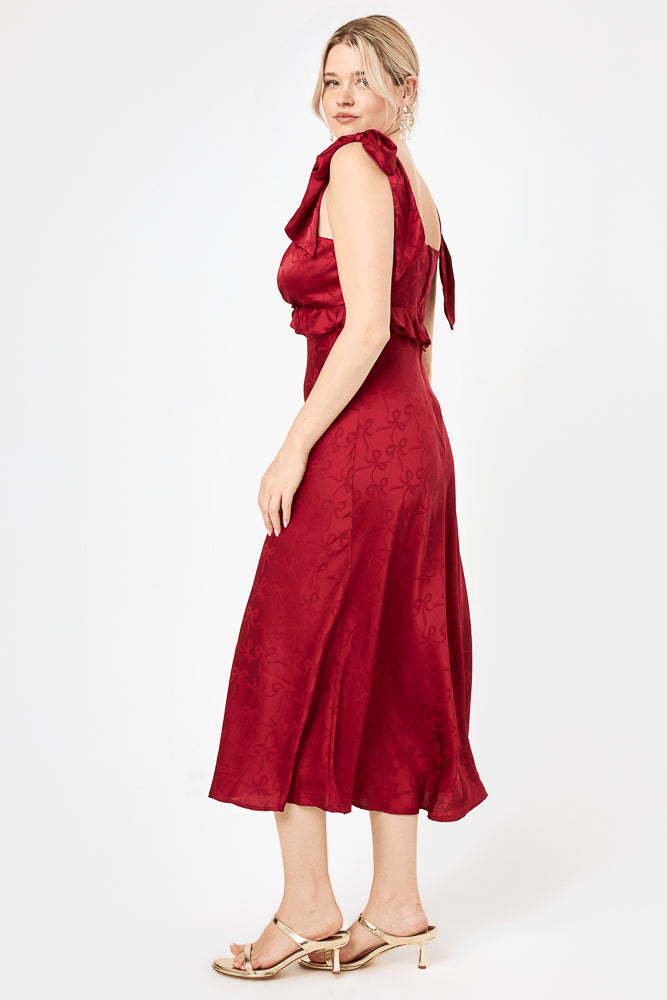 Red Tie Shoulder Ruffle Midi Dress