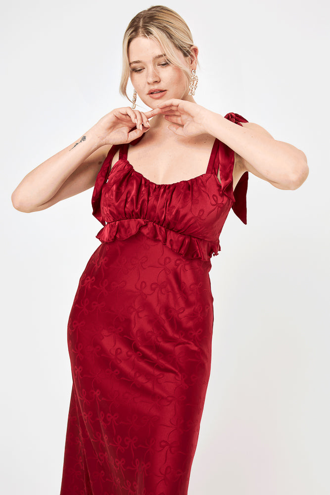 Red Tie Shoulder Ruffle Midi Dress