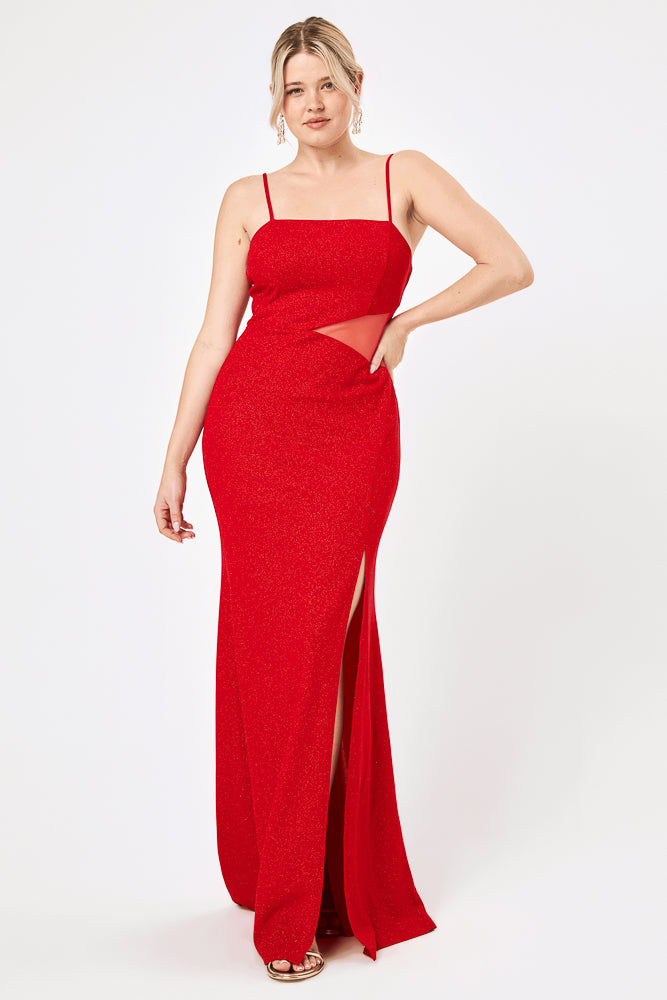 Red Side Cut-Out Glitter Gown