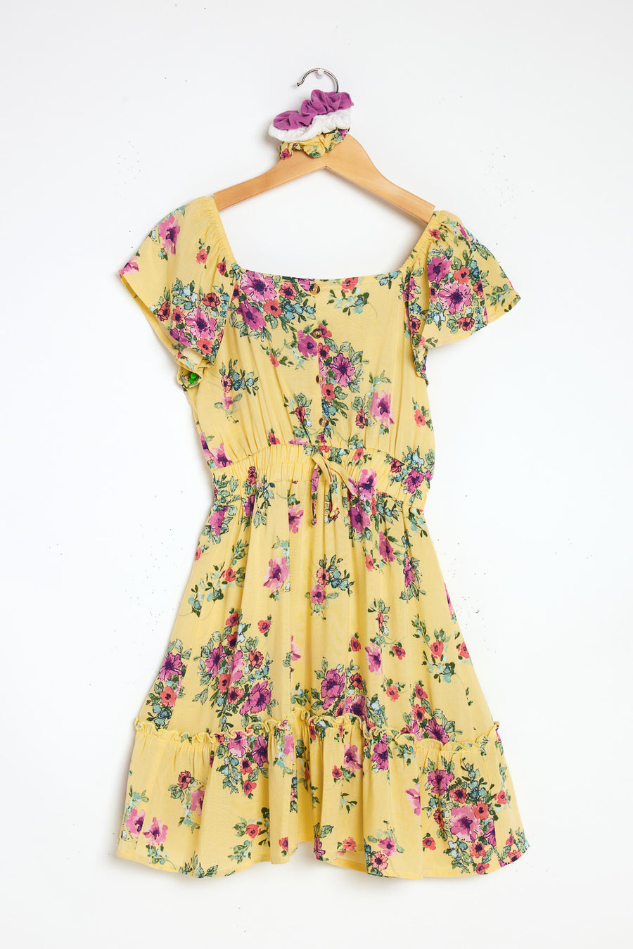 Kids Yellow Floral Scrunchy Woven Dress - Trixxi Clothing