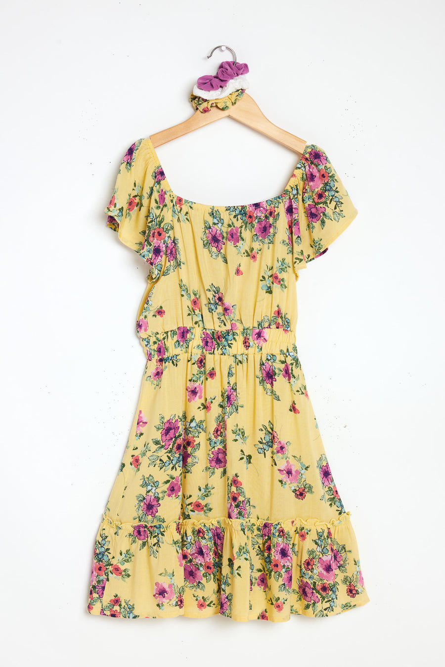 Kids Yellow Floral Scrunchy Woven Dress - Trixxi Clothing