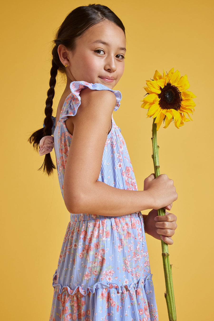Kids Light Blue Floral Flutter Sleeve Scrunchy Dress - Trixxi Clothing
