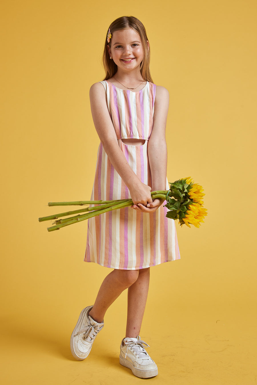 Kids Pink Stripe Sleeveless Front Cutout Dresss - Trixxi Clothing