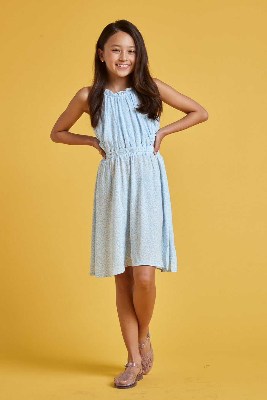 Kids Light Blue Floral Sleeveless Cutout Dress - Trixxi Clothing