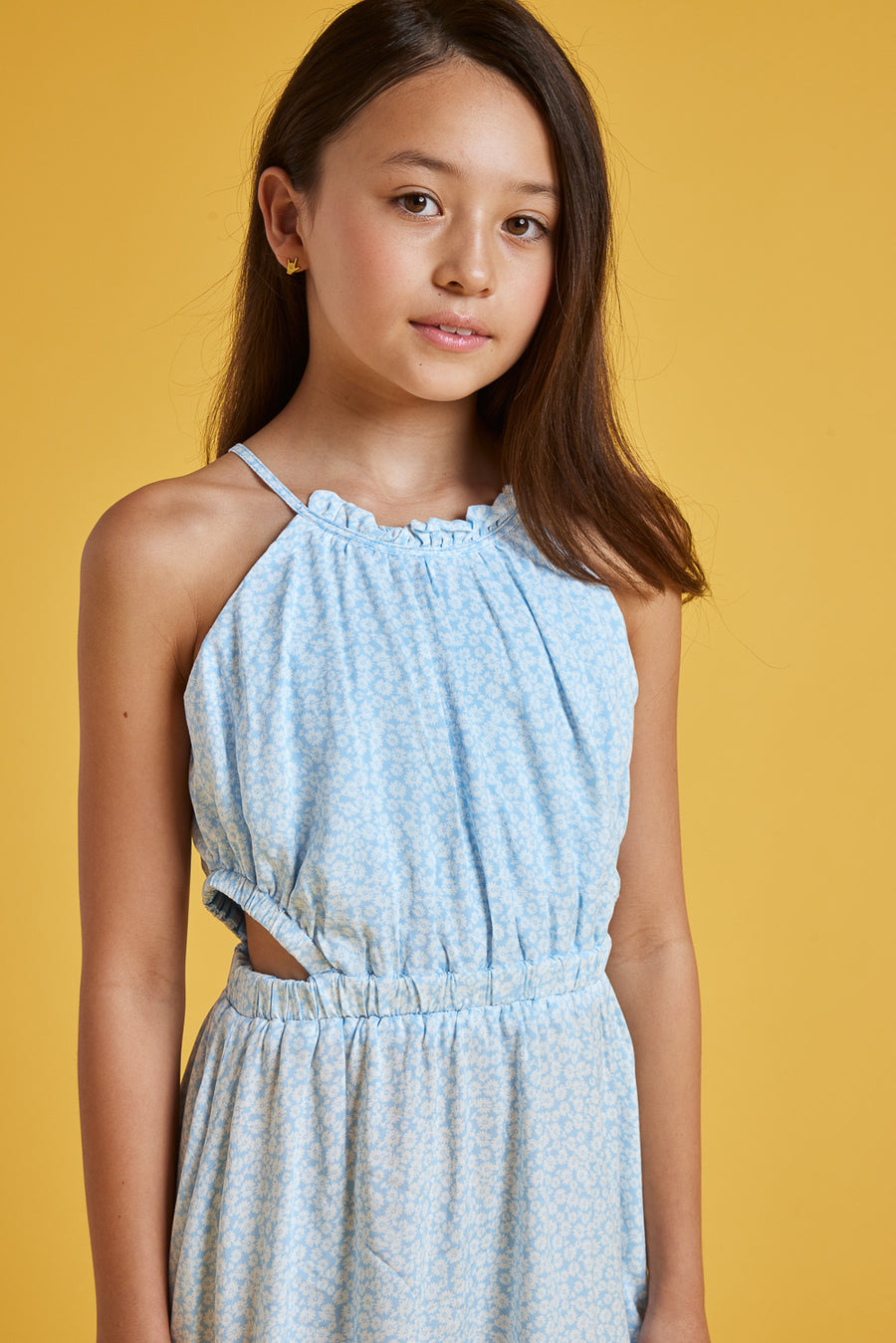 Kids Light Blue Floral Sleeveless Cutout Dress - Trixxi Clothing