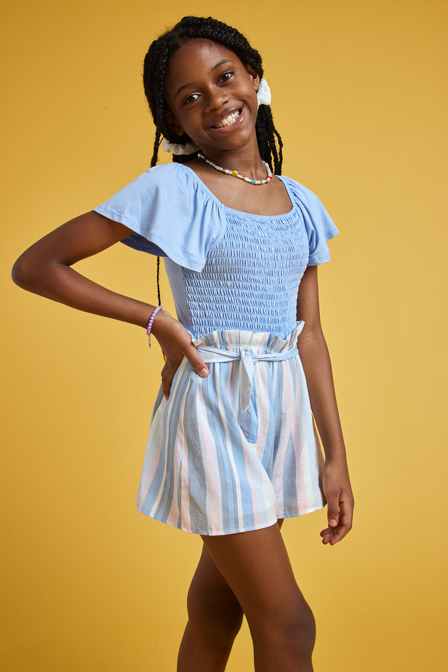 Kids Blue Multi Sleeve Paperbag Romper - Trixxi Clothing