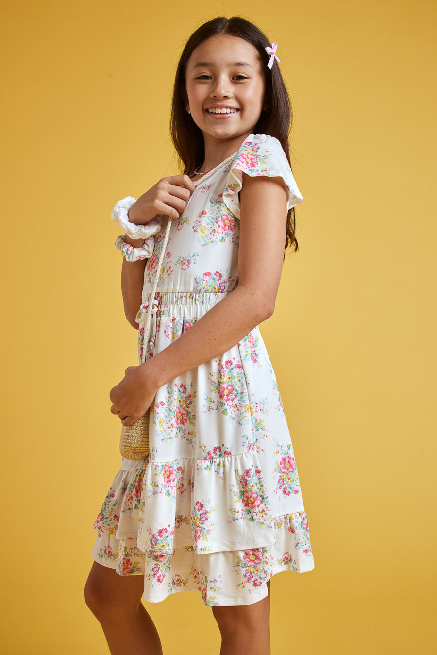 Kids Off-White Floral Scrunchy Ruffle Dress - Trixxi Clothing