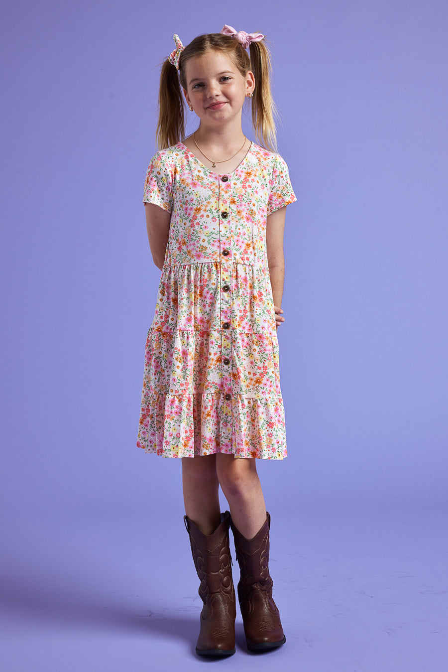 Kids Pink Floral Button Front Scrunchy Dress - Trixxi Clothing
