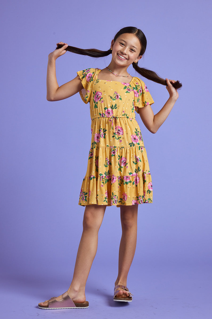 Kids Yellow Floral Print Power Mesh Dress - Trixxi Clothing