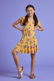 Kids Yellow Floral Print Power Mesh Dress - Trixxi Clothing