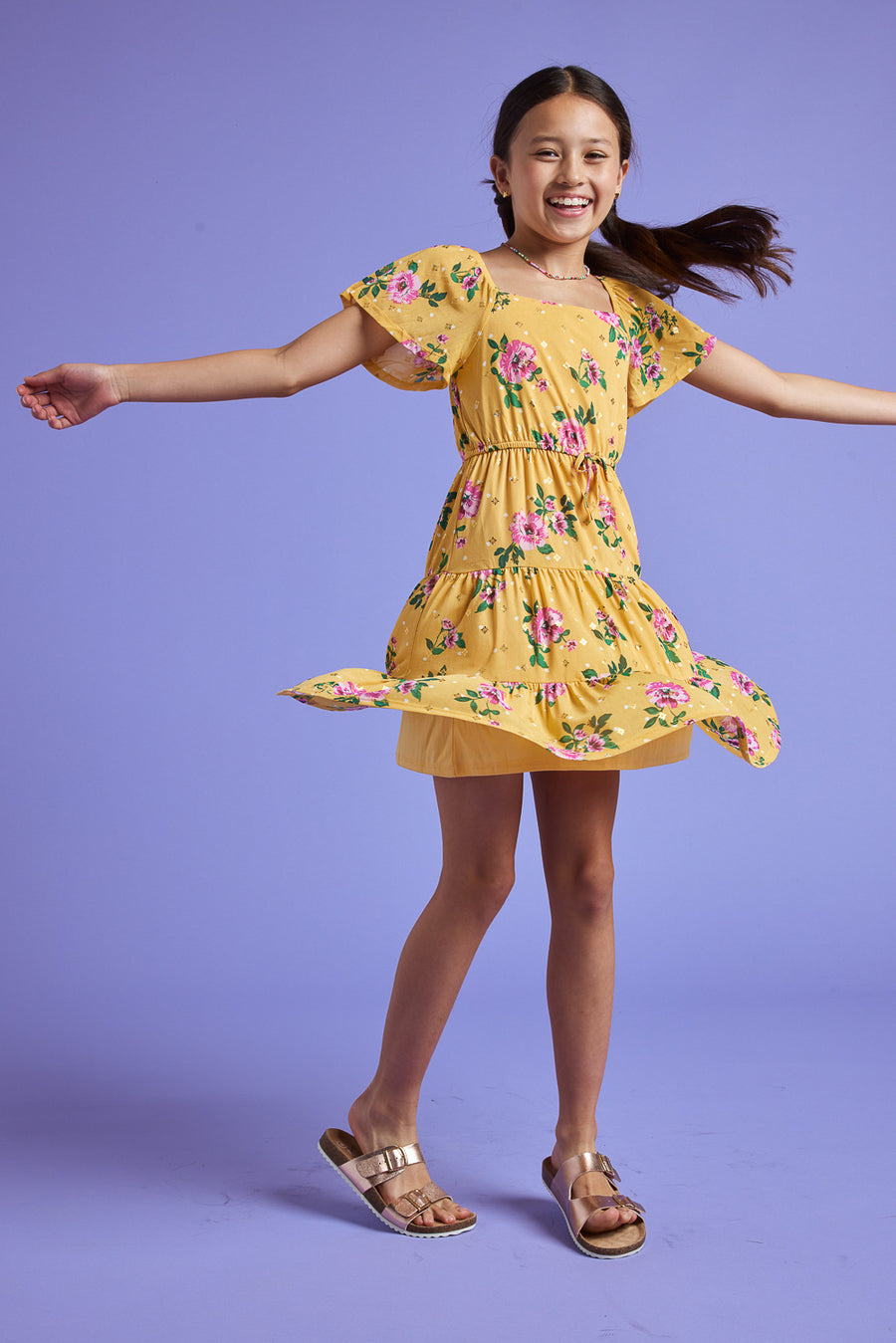 Kids Yellow Floral Print Power Mesh Dress - Trixxi Clothing