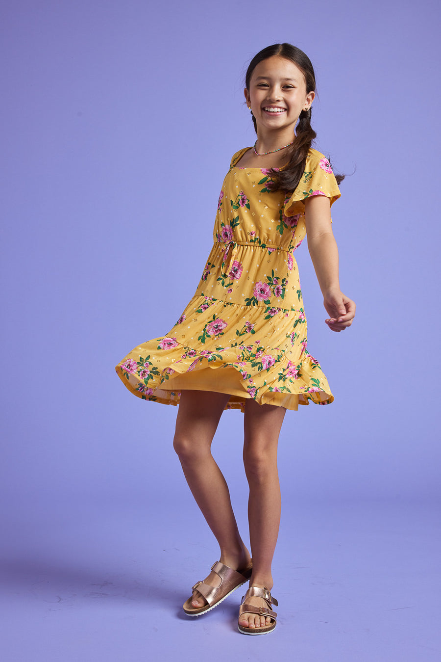 Kids Yellow Floral Print Power Mesh Dress - Trixxi Clothing