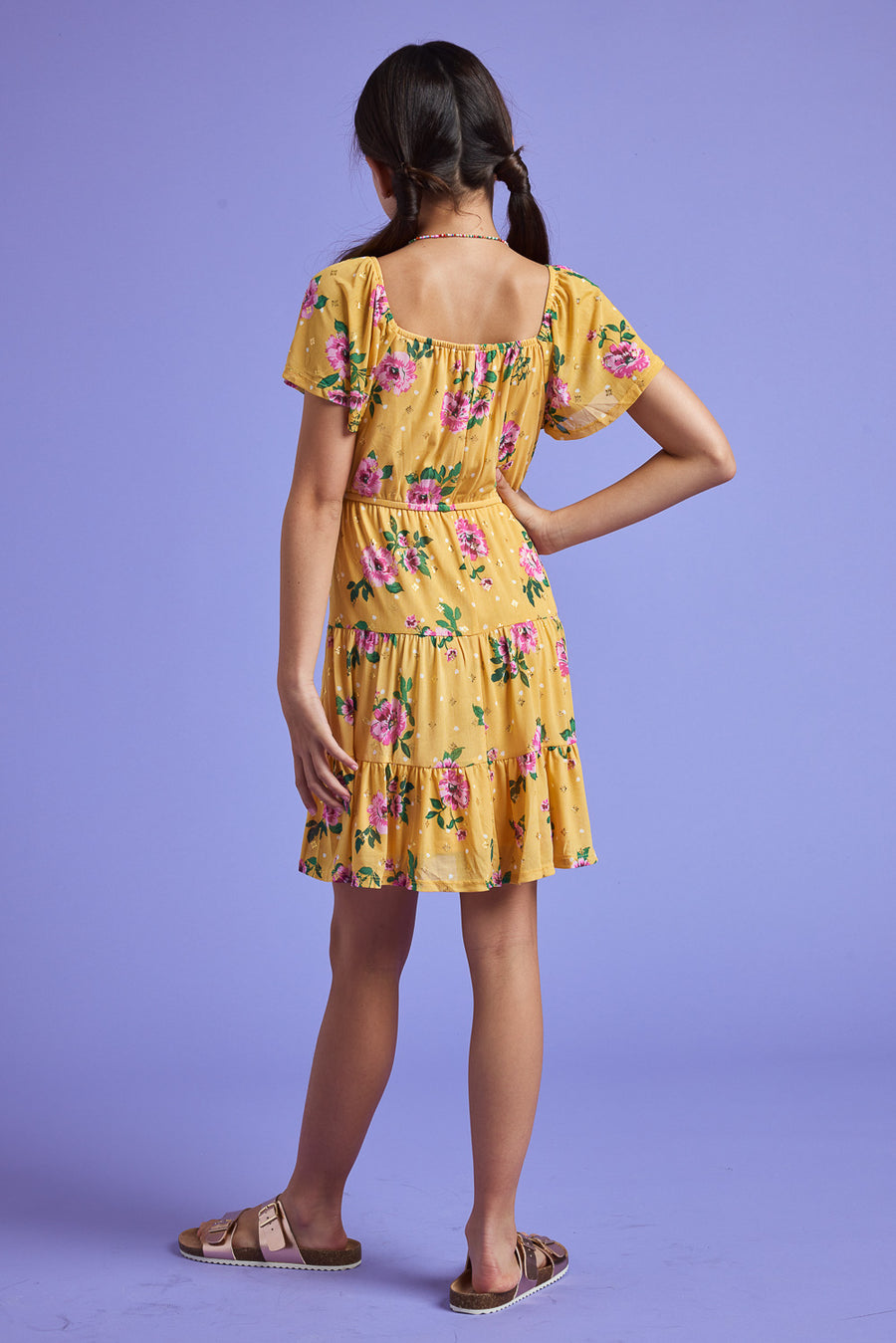 Kids Yellow Floral Print Power Mesh Dress - Trixxi Clothing