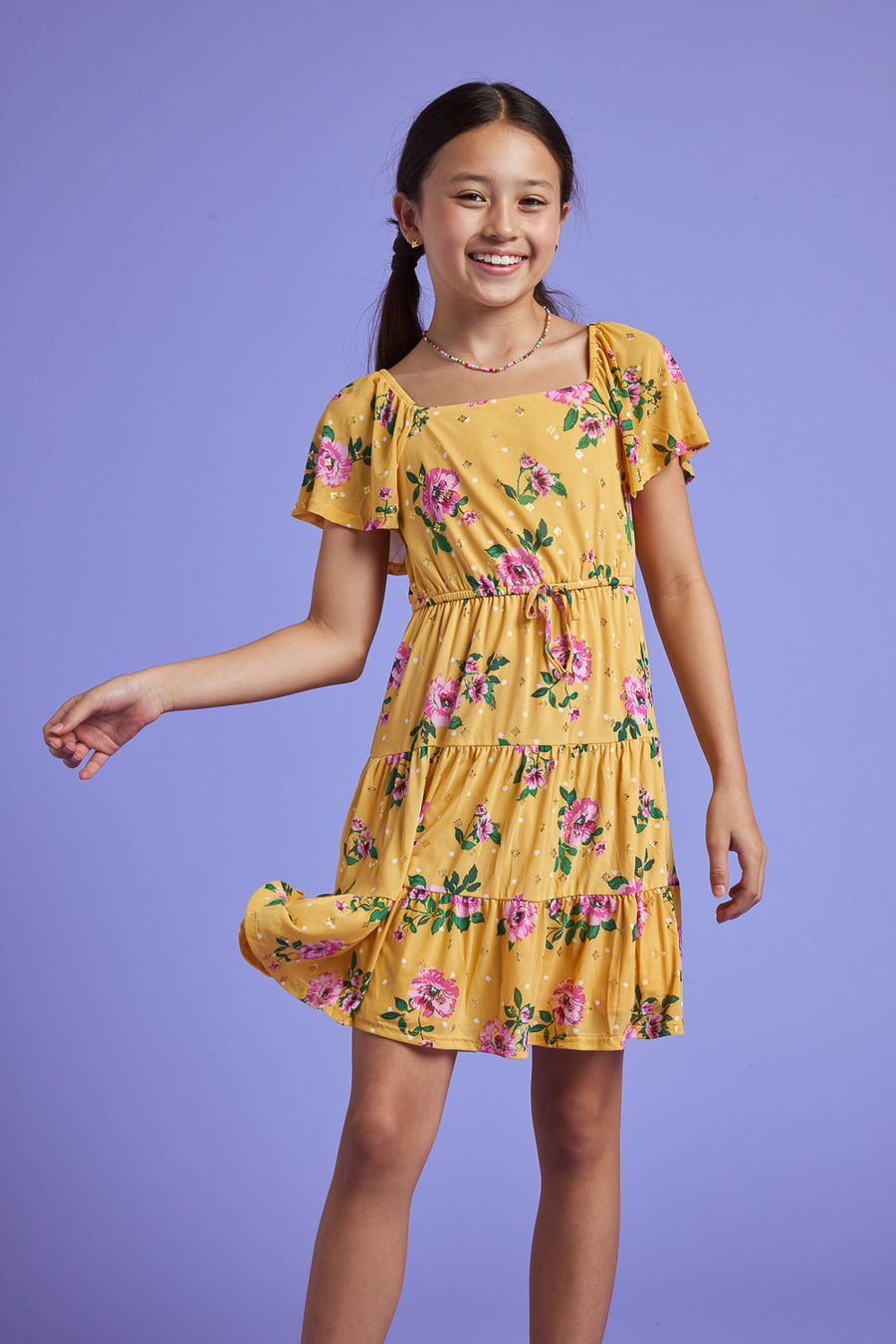 Kids Yellow Floral Print Power Mesh Dress - Trixxi Clothing