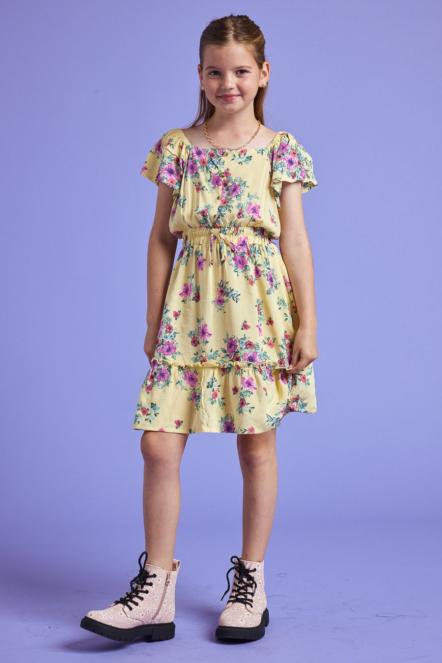 Kids Yellow Floral Scrunchy Woven Dress - Trixxi Clothing