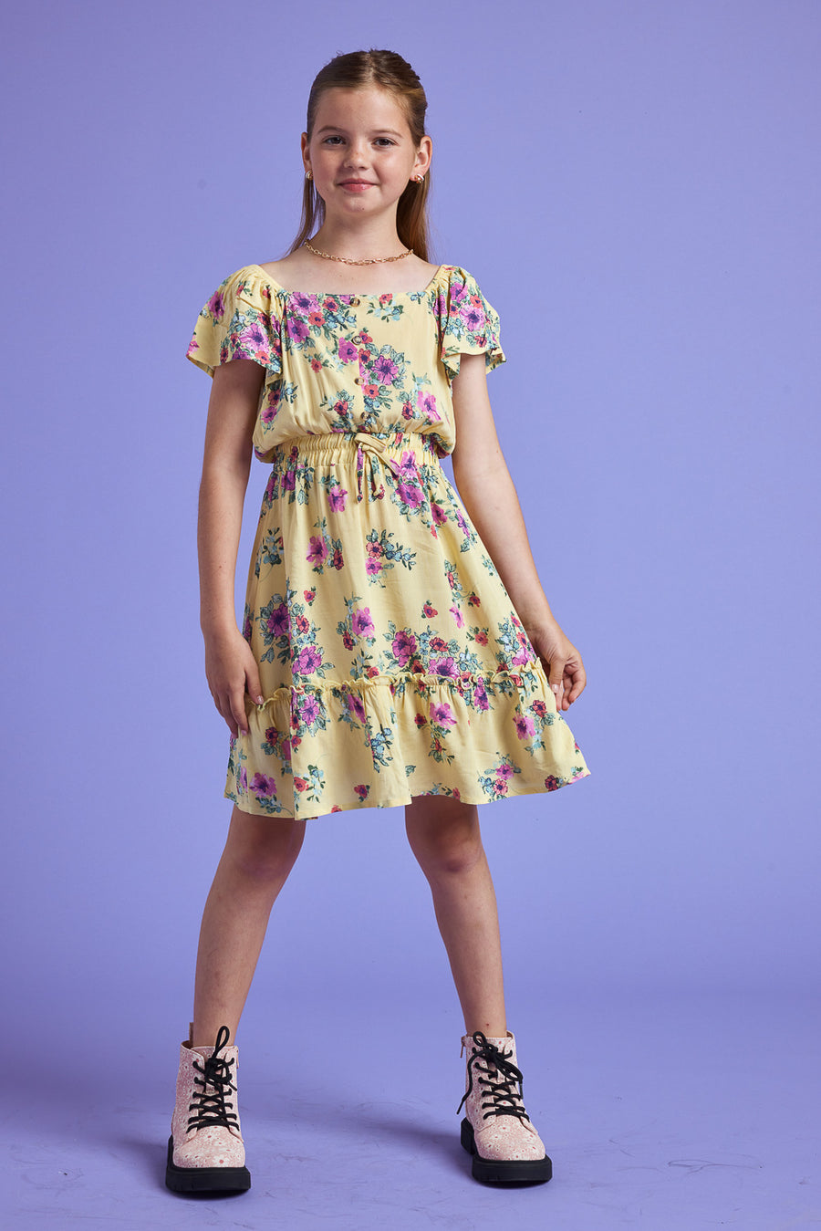 Kids Yellow Floral Scrunchy Woven Dress - Trixxi Clothing