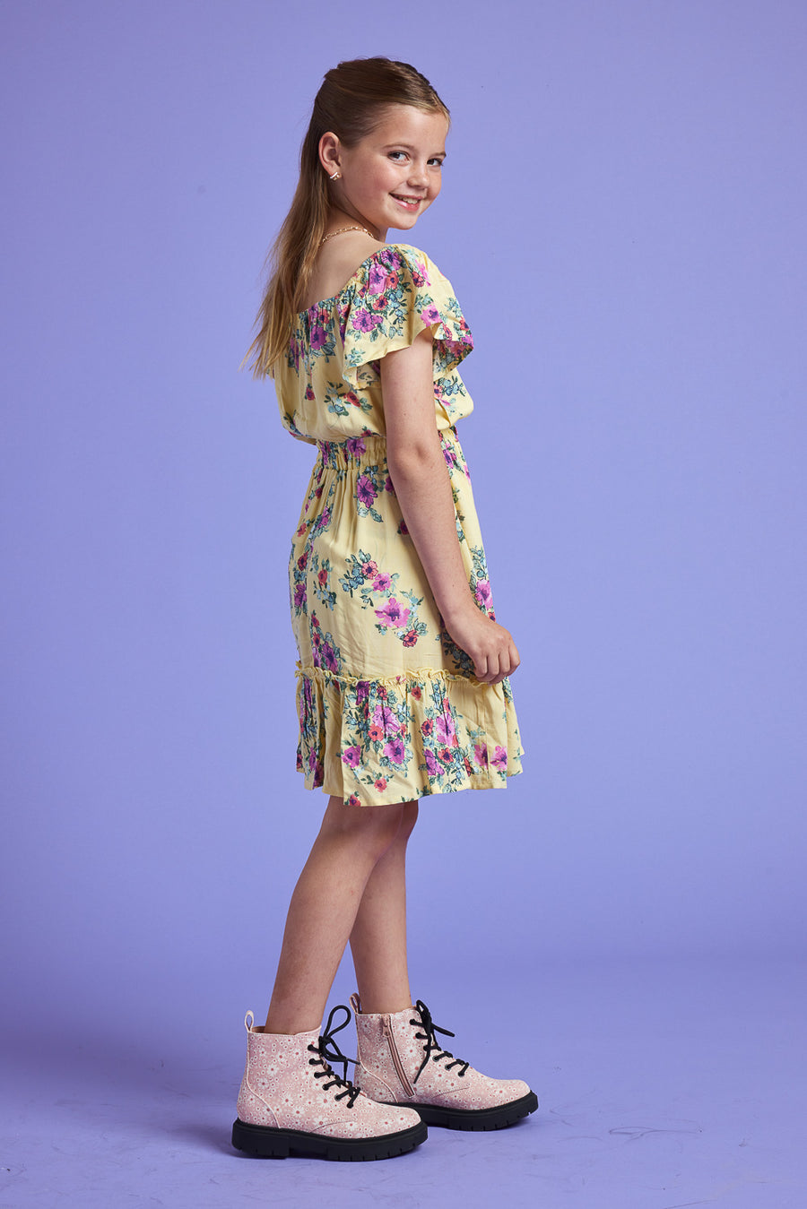 Kids Yellow Floral Scrunchy Woven Dress - Trixxi Clothing