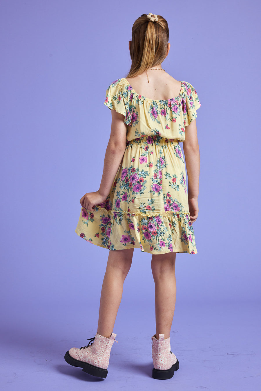 Kids Yellow Floral Scrunchy Woven Dress - Trixxi Clothing